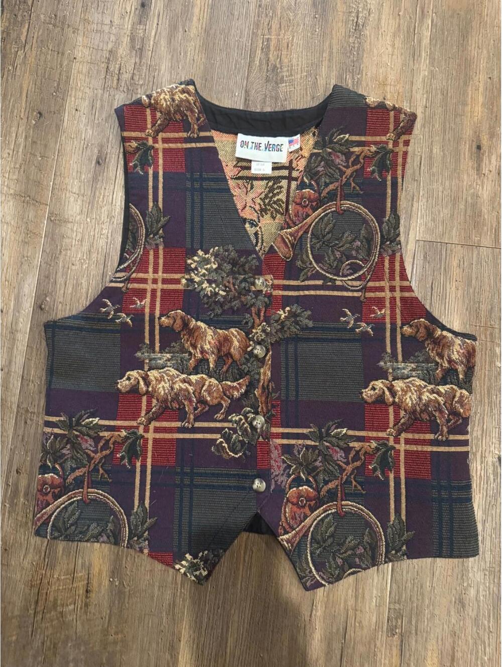 On the Verge VTG Button Front Tapestry Dog Hunting Golden Retriever Vest Sz Lg